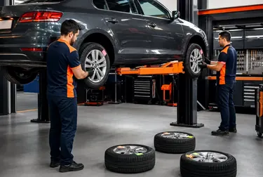 Mecânico realizando rodízio de pneus de um carro.