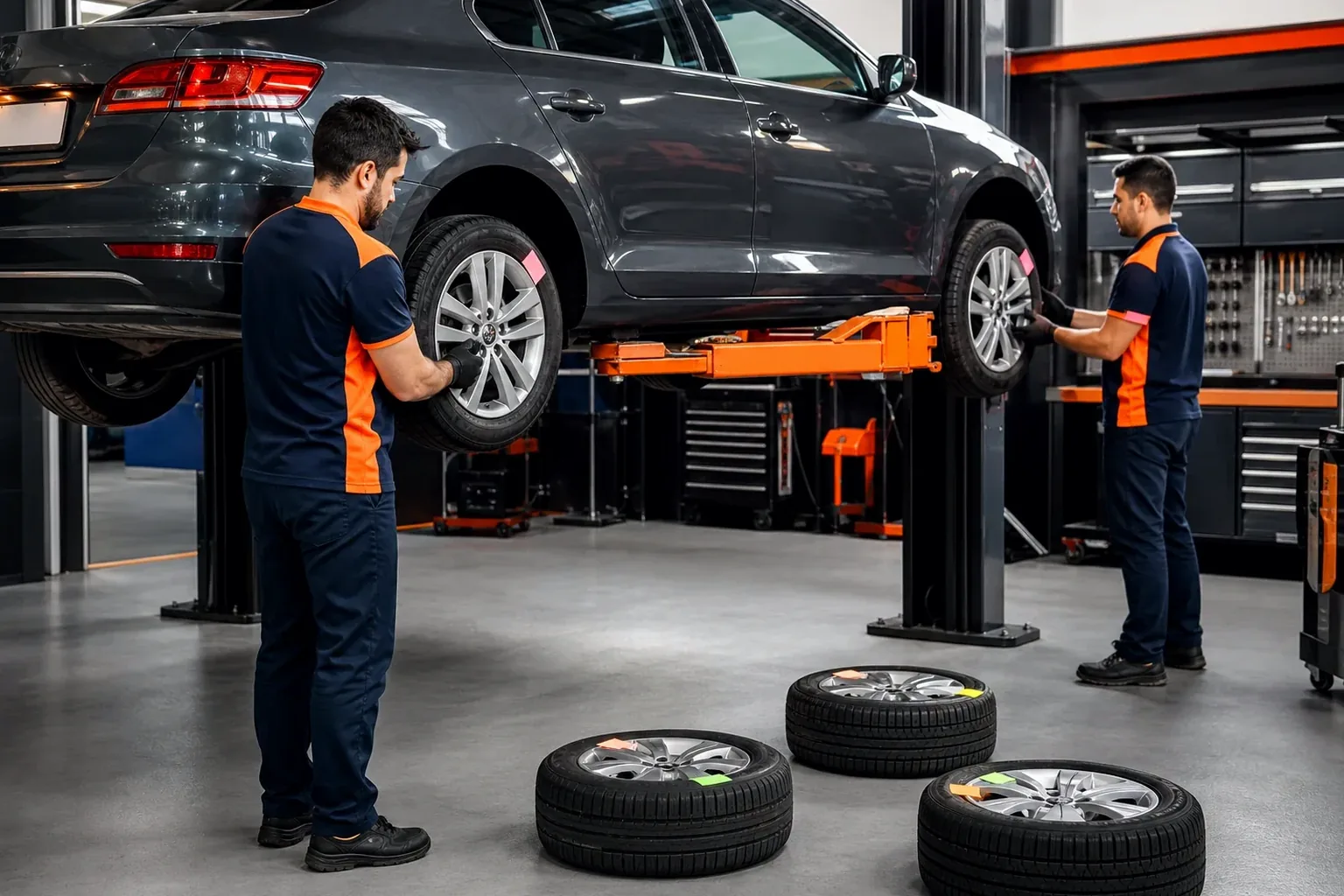 Mecânico realizando rodízio de pneus de um carro.
