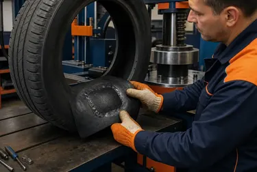 Profissional realizando vulcanização de um pneu.