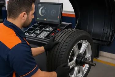 Técnico balanceando rodas de um veículo.