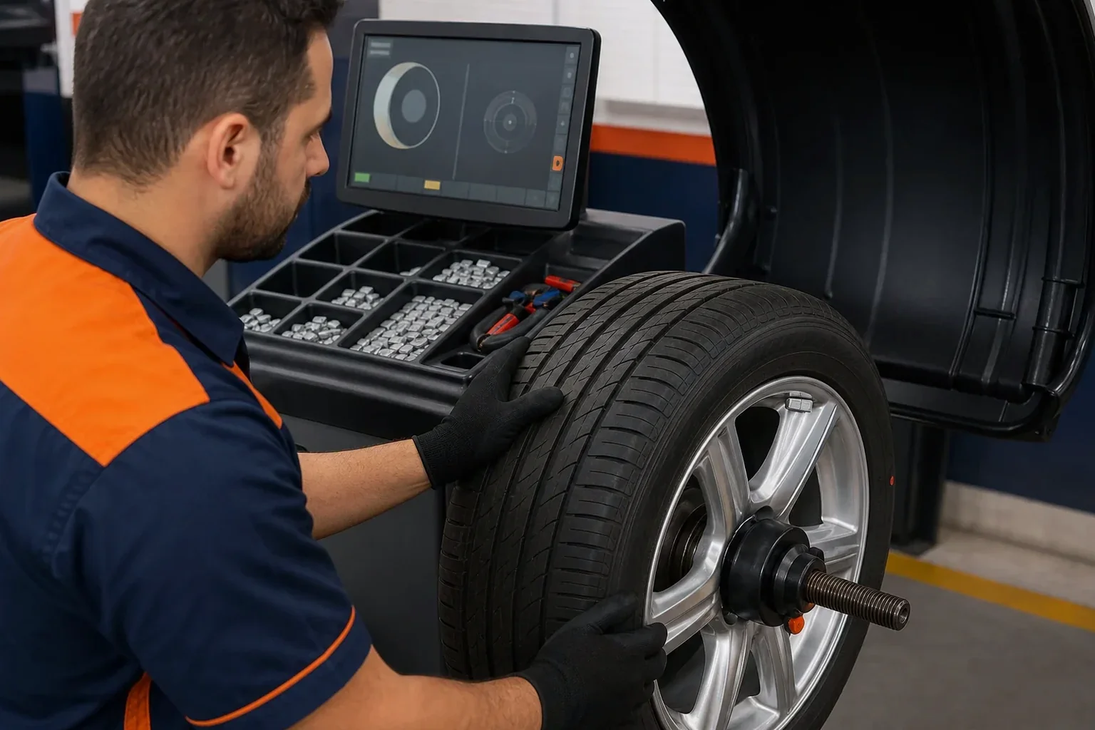 Técnico balanceando rodas de um veículo.