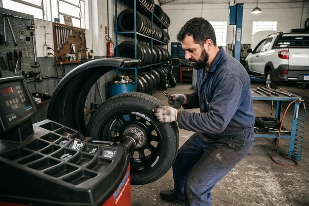 Técnico fazendo balanceamento de rodas.